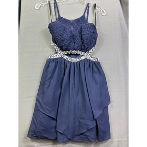 Extraordinary Navy Blue Lace Cut Out Rhinestone Mini Dress Sz 1 Homecoming Prom